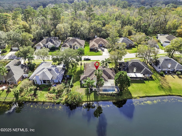 aerial view featuring a water view