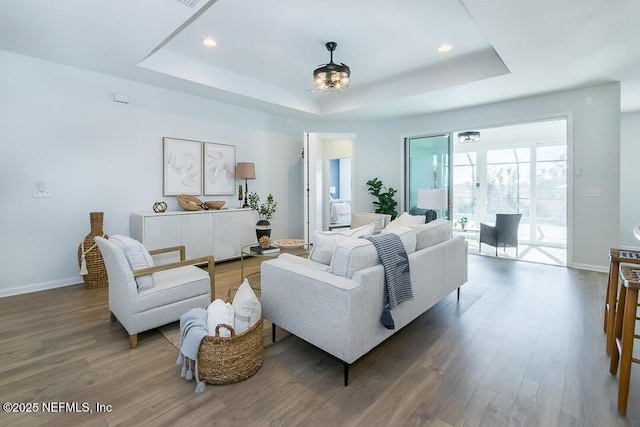 living room with dark hardwood / wood-style floors and a raised ceiling