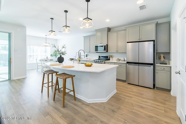 kitchen with gray cabinetry, stainless steel appliances, sink, pendant lighting, and an island with sink