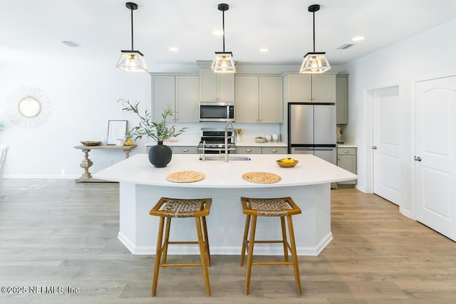 kitchen featuring gray cabinetry, light wood-type flooring, and appliances with stainless steel finishes