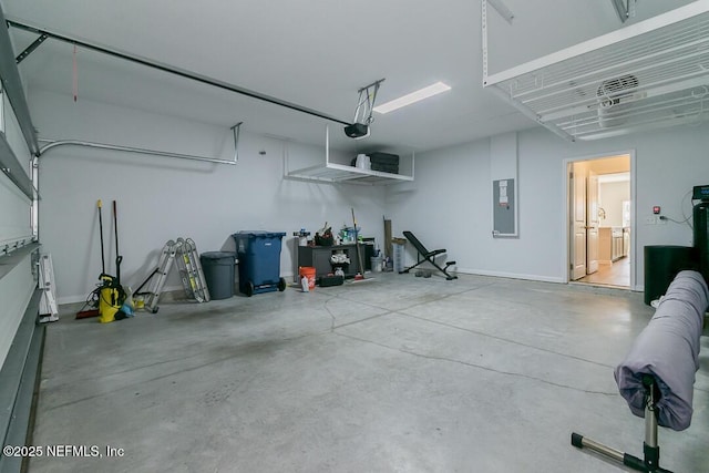 garage with electric panel and a garage door opener