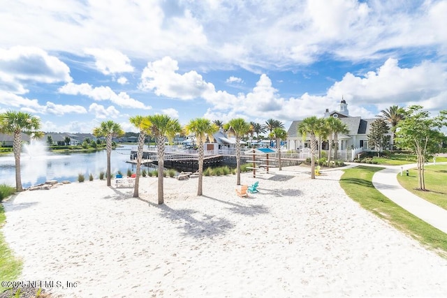 view of play area featuring a water view