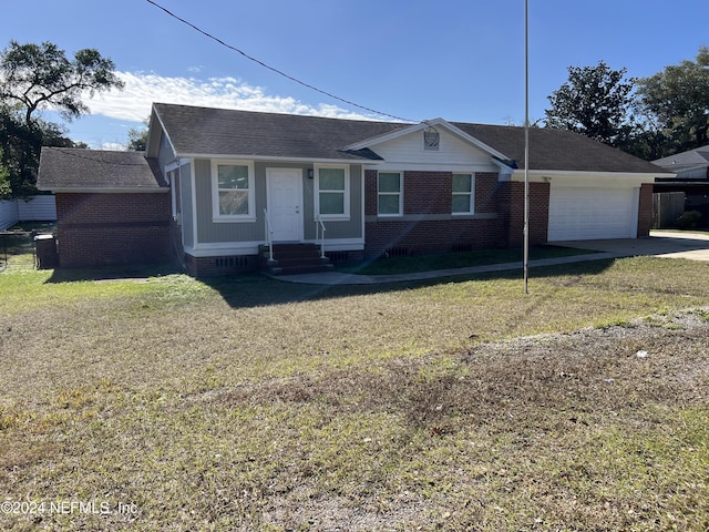 single story home with a garage and a front lawn