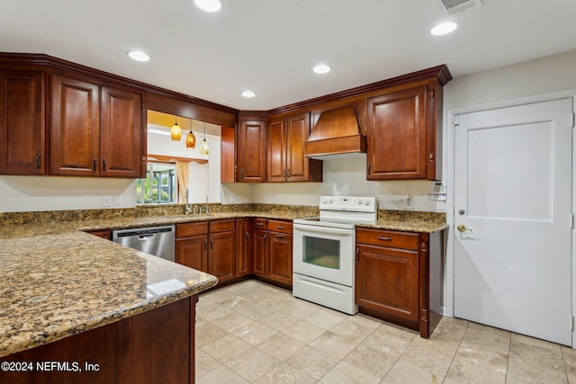 kitchen with stone counters, white electric range, stainless steel dishwasher, decorative light fixtures, and custom exhaust hood