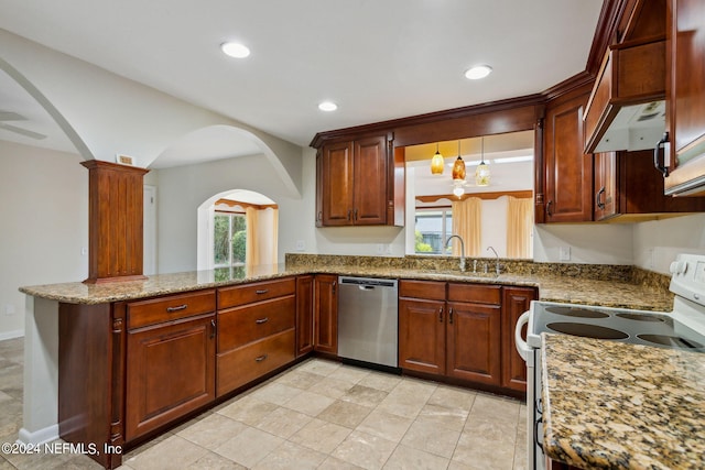 kitchen featuring sink, light stone counters, stainless steel dishwasher, kitchen peninsula, and stove