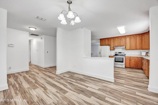 kitchen with decorative light fixtures, an inviting chandelier, light hardwood / wood-style floors, white fridge with ice dispenser, and stainless steel range with electric cooktop