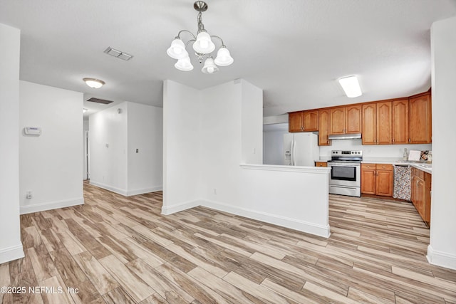 kitchen with white refrigerator with ice dispenser, stainless steel electric range oven, decorative light fixtures, dishwashing machine, and a chandelier