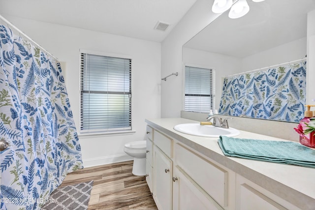 bathroom featuring hardwood / wood-style floors, vanity, and toilet