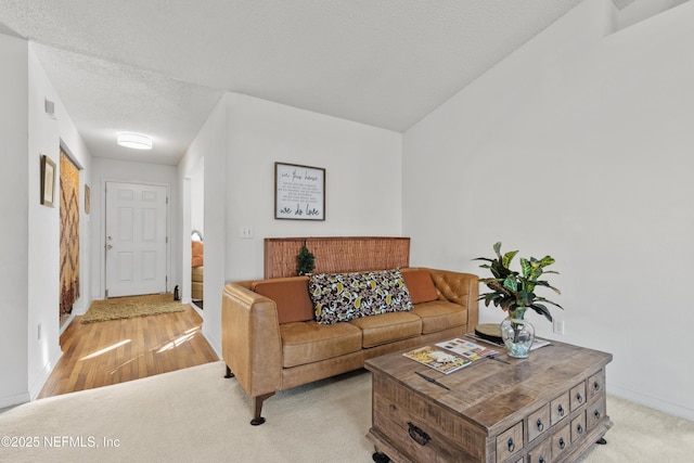 living room featuring light colored carpet and a textured ceiling