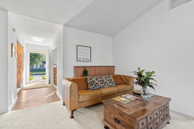 living room featuring light carpet and a textured ceiling