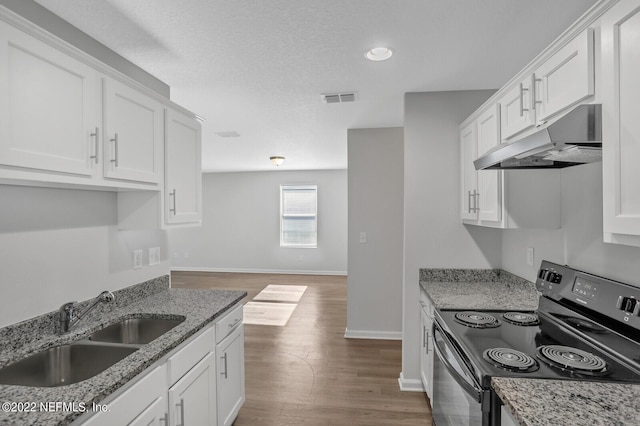 kitchen featuring stainless steel range with electric stovetop, white cabinets, light stone countertops, and sink