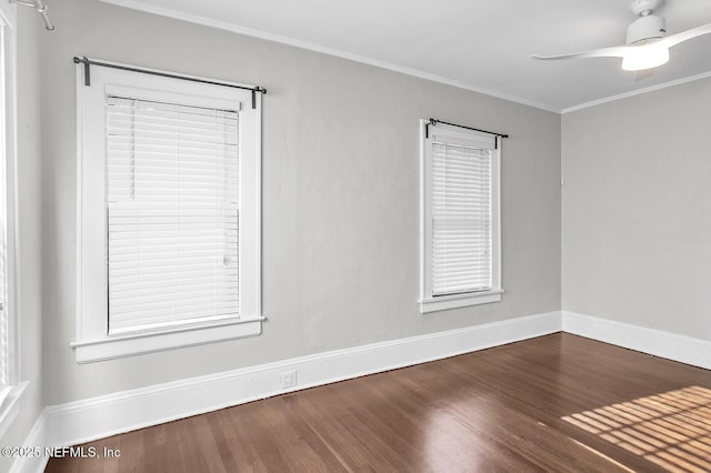 unfurnished room featuring wood-type flooring, ceiling fan, and crown molding