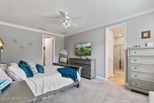 carpeted bedroom featuring ensuite bathroom, crown molding, ceiling fan, and a textured ceiling