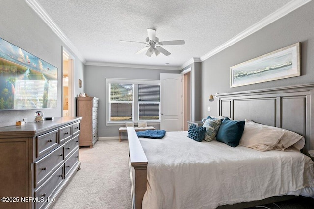 bedroom with light carpet, a textured ceiling, ceiling fan, and ornamental molding