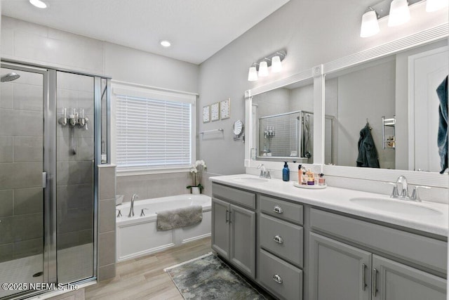 bathroom featuring wood-type flooring, vanity, and independent shower and bath