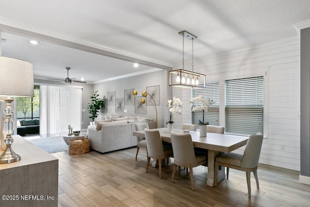 dining room featuring ceiling fan, crown molding, wooden walls, and light hardwood / wood-style flooring