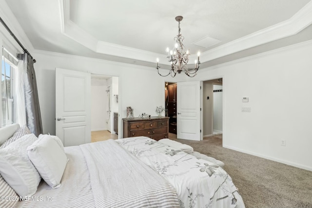 bedroom with a tray ceiling, ornamental molding, and light carpet