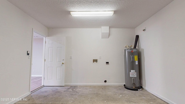 laundry area with electric dryer hookup, electric water heater, washer hookup, and a textured ceiling