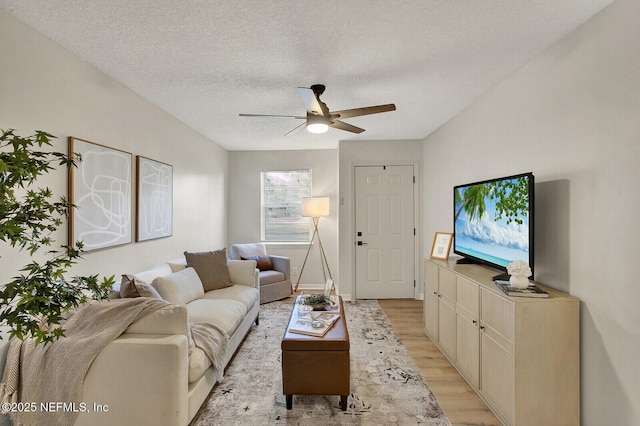 living room featuring ceiling fan, a textured ceiling, and light hardwood / wood-style flooring