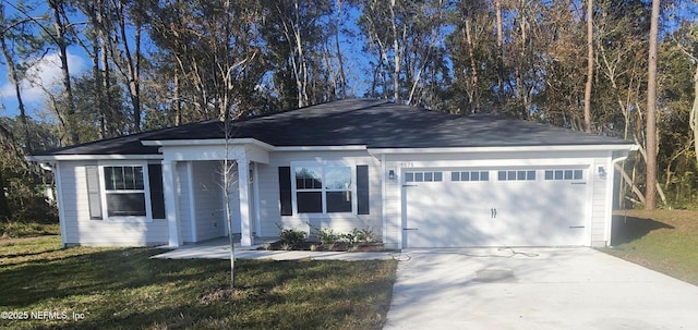 single story home with a front lawn and a garage