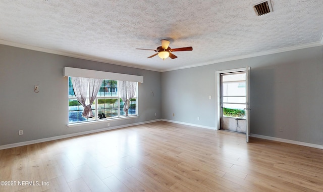 empty room with light wood-type flooring, a textured ceiling, ceiling fan, and ornamental molding