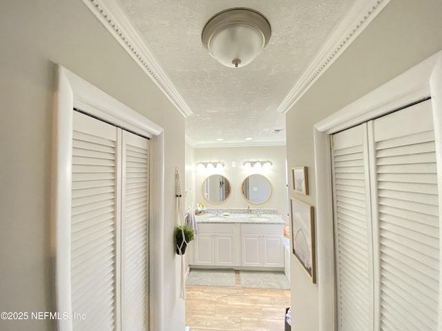 bathroom featuring a textured ceiling, vanity, and crown molding