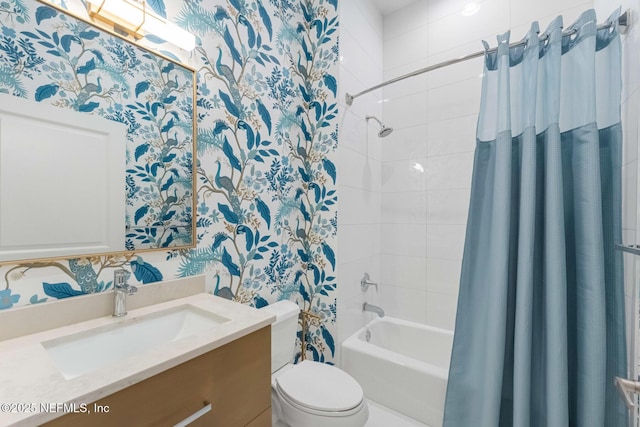 full bathroom featuring vanity, toilet, and shower / bath combo with shower curtain