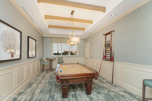 game room featuring carpet floors, crown molding, beamed ceiling, and billiards