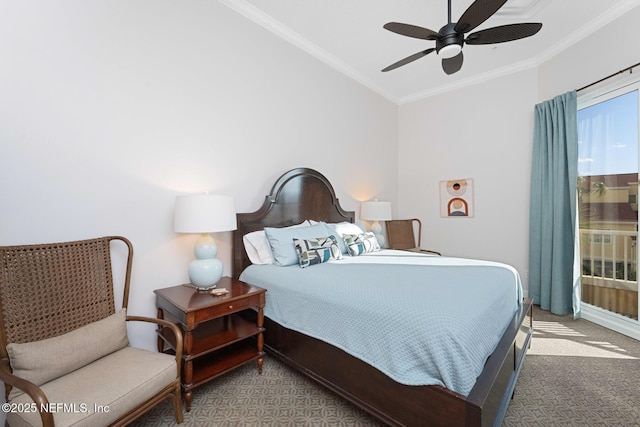 bedroom with ceiling fan, crown molding, and carpet floors