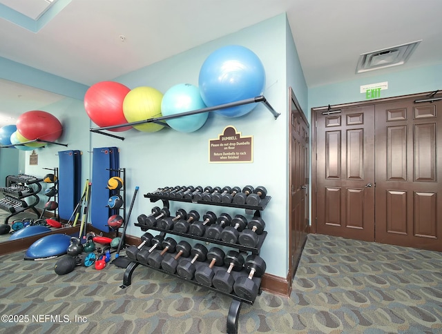 workout area with carpet floors