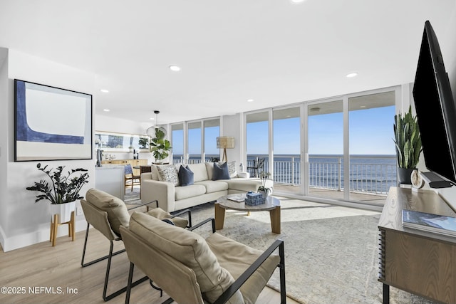 living room featuring light hardwood / wood-style flooring and expansive windows