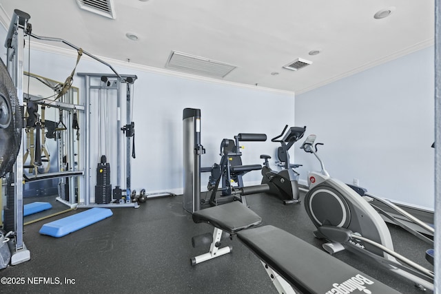 workout area featuring crown molding