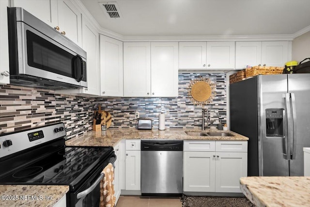 kitchen featuring white cabinetry, sink, stainless steel appliances, and light stone counters