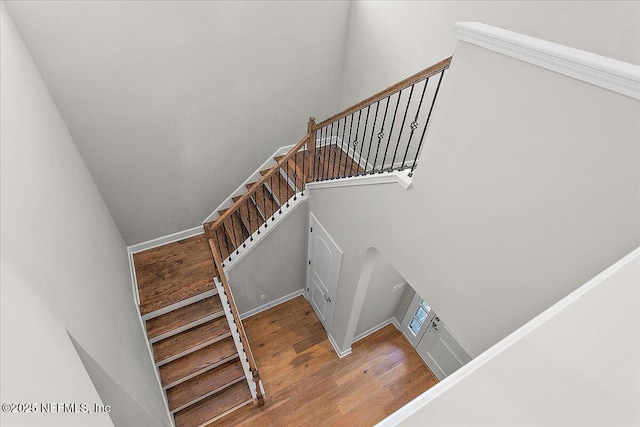 staircase with hardwood / wood-style flooring