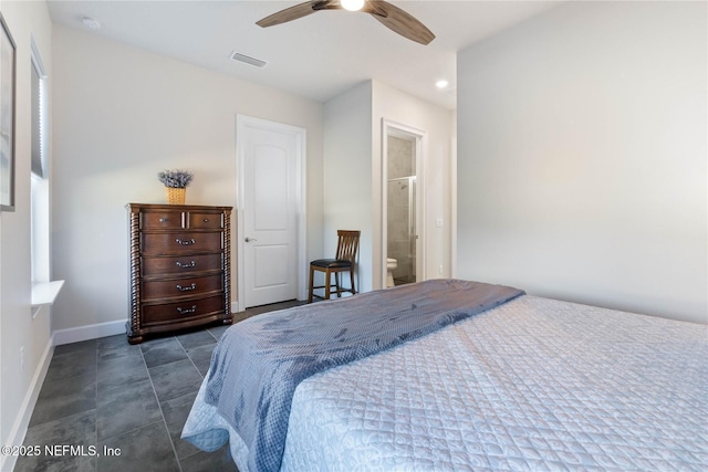 bedroom featuring ensuite bathroom and ceiling fan