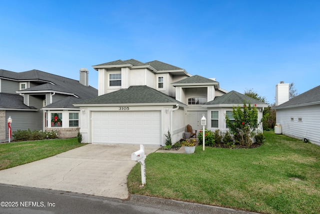 view of property featuring a front lawn and a garage