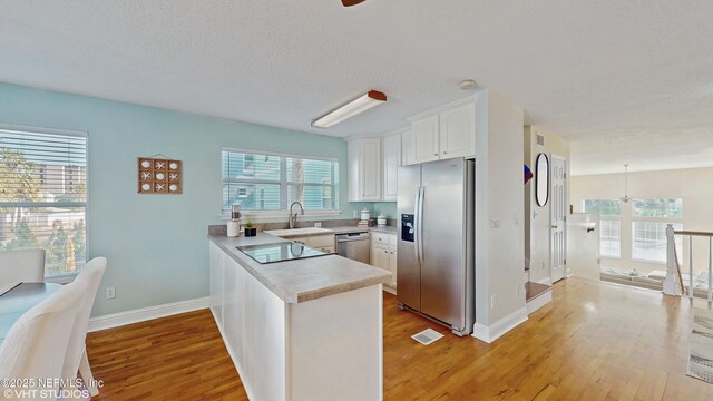 kitchen with white cabinetry, a textured ceiling, light wood-type flooring, kitchen peninsula, and stainless steel appliances