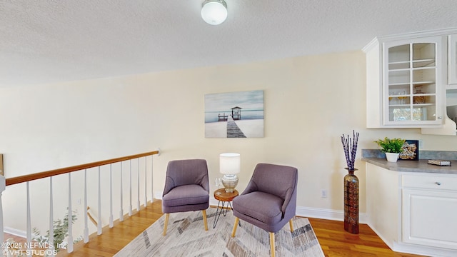 sitting room with light hardwood / wood-style floors and a textured ceiling