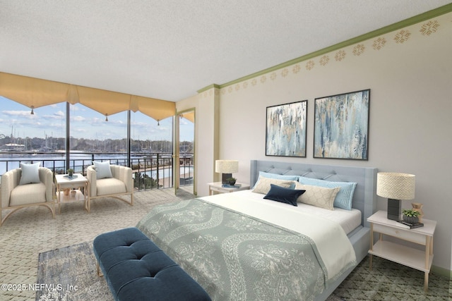 carpeted bedroom featuring a water view, expansive windows, access to exterior, and a textured ceiling