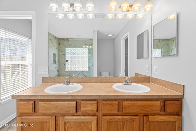 bathroom with toilet, a shower, and vanity