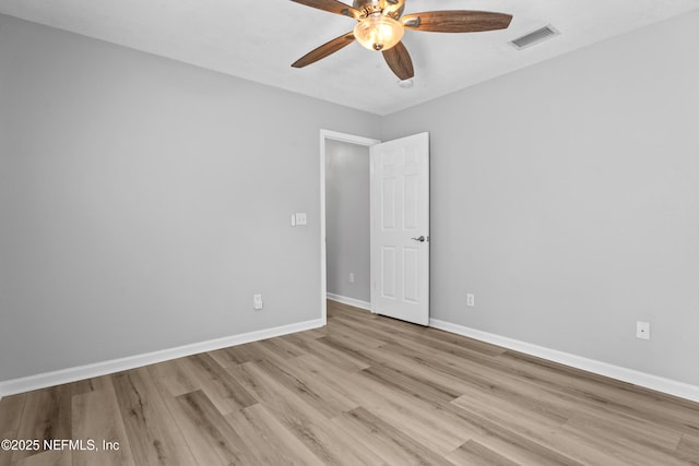 unfurnished room with ceiling fan and light hardwood / wood-style floors