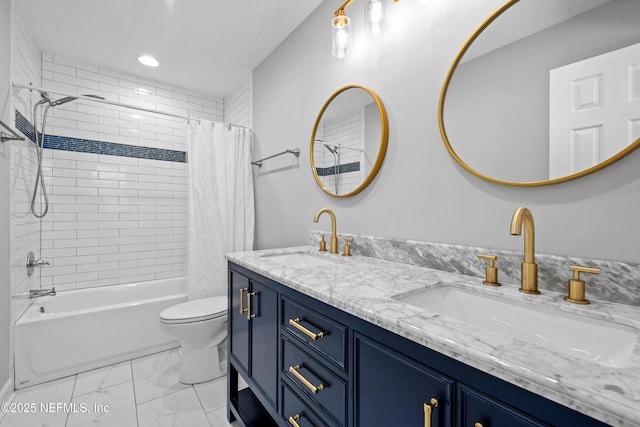 full bathroom with shower / tub combo, vanity, and toilet