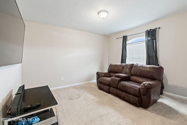 carpeted living room featuring a textured ceiling