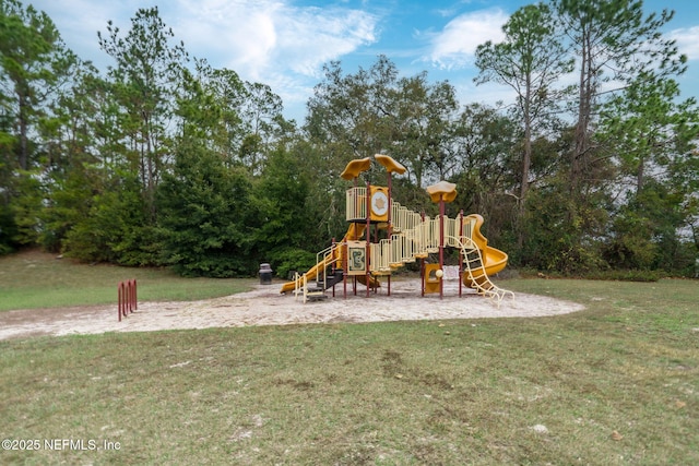 view of play area featuring a lawn