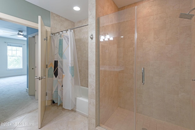 bathroom with a shower with shower curtain, tile patterned floors, and ceiling fan