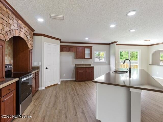 kitchen with stainless steel range with electric stovetop, a textured ceiling, crown molding, sink, and light hardwood / wood-style flooring