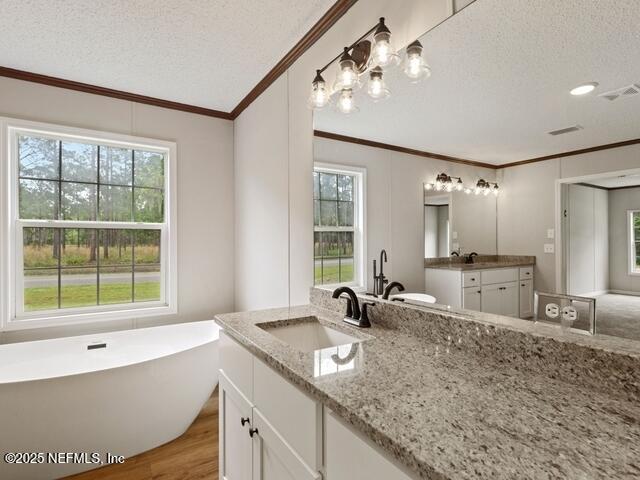 bathroom featuring a tub to relax in, crown molding, hardwood / wood-style floors, a textured ceiling, and vanity