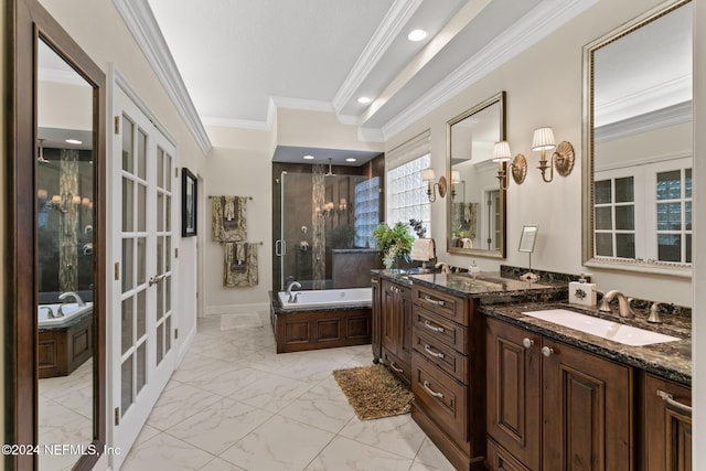 bathroom featuring french doors, plus walk in shower, a notable chandelier, crown molding, and vanity