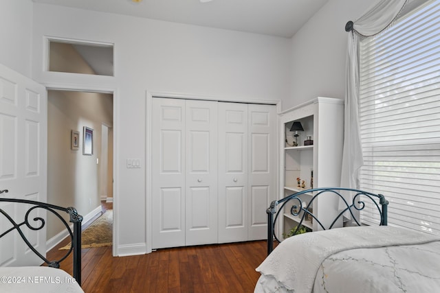 bedroom featuring dark hardwood / wood-style floors and a closet