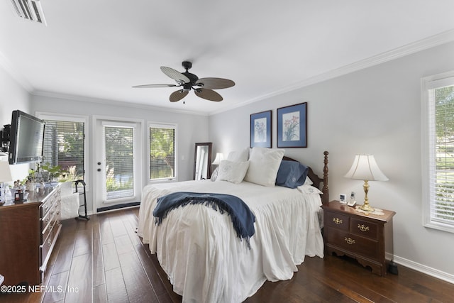 bedroom with ceiling fan, dark hardwood / wood-style floors, ornamental molding, and access to outside